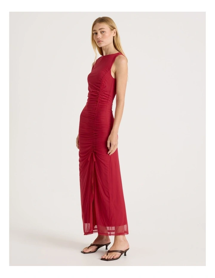 Mesh Ruched Side Maxi Dress in Red image 2