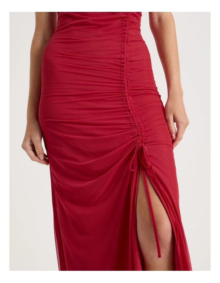 Mesh Ruched Side Maxi Dress in Red image 3