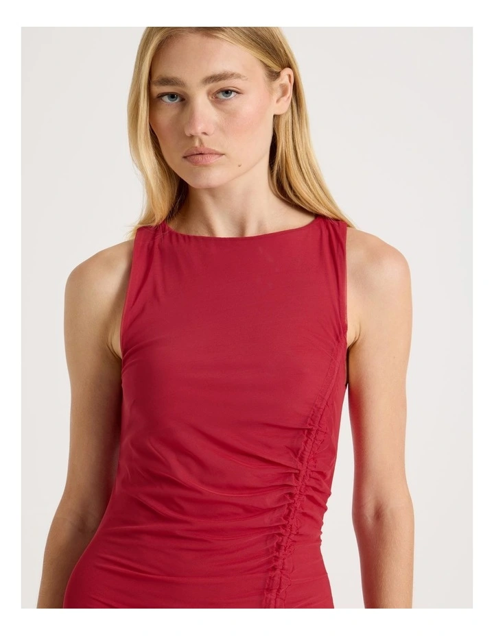 Mesh Ruched Side Maxi Dress in Red image 4