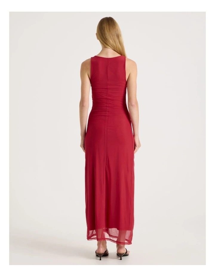 Mesh Ruched Side Maxi Dress in Red image 5
