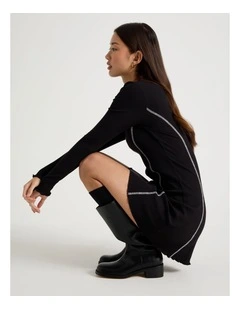 Contrast Stitch Detail Dress in Jet Black