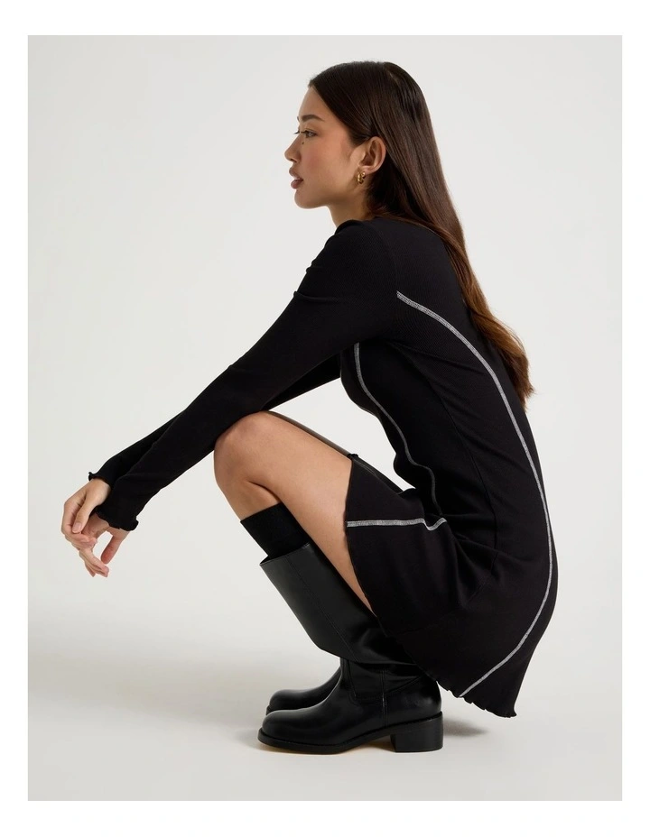 Contrast Stitch Detail Dress in Jet Black image 1