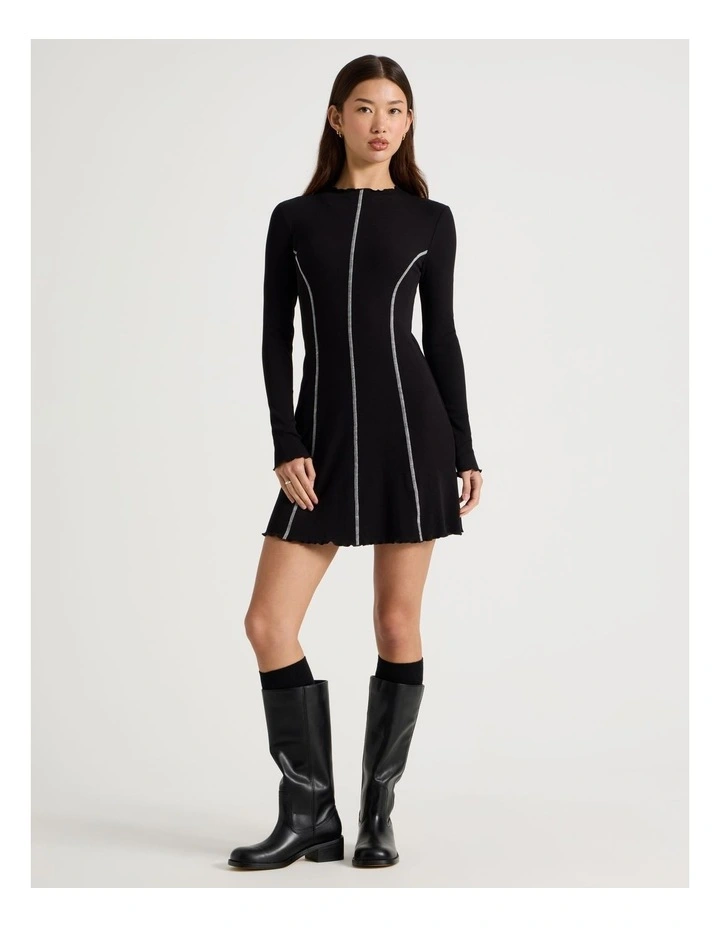 Contrast Stitch Detail Dress in Jet Black image 3