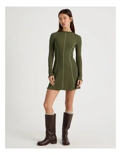 Contrast Stitch Detail Dress in Olive Night