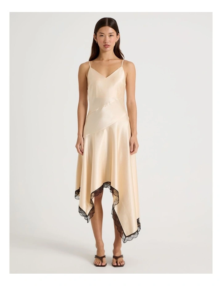 Strappy Asymmetrical Lace Trim Dress in Neutral image 1