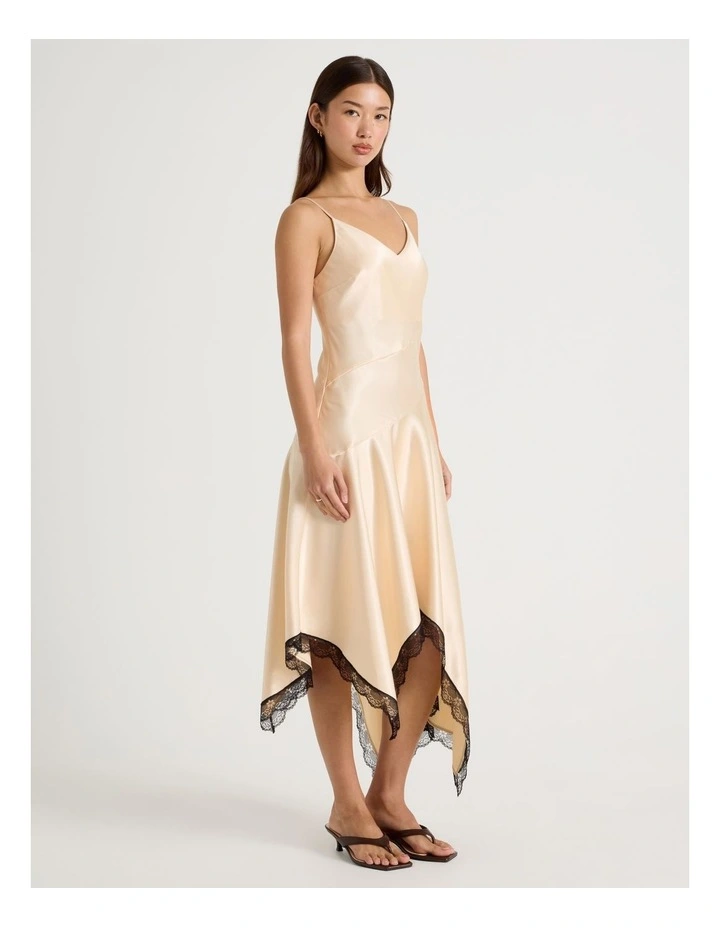 Strappy Asymmetrical Lace Trim Dress in Neutral image 2