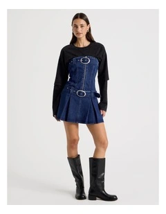 Buckle Pleated Denim Dress in Mid Blue Wash