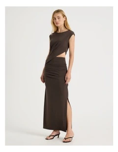 Cut Out Ruched Maxi Dress in Dark Brown