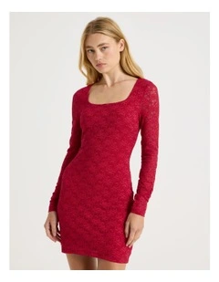 Long Sleeve Lace Mini Dress in Red