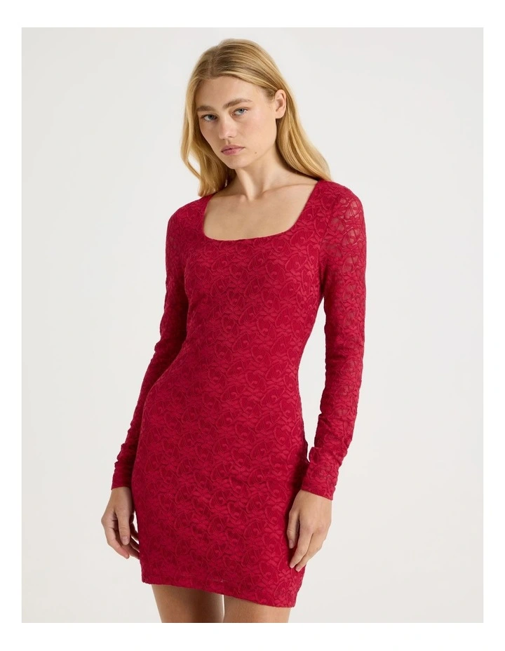 Long Sleeve Lace Mini Dress in Red image 1