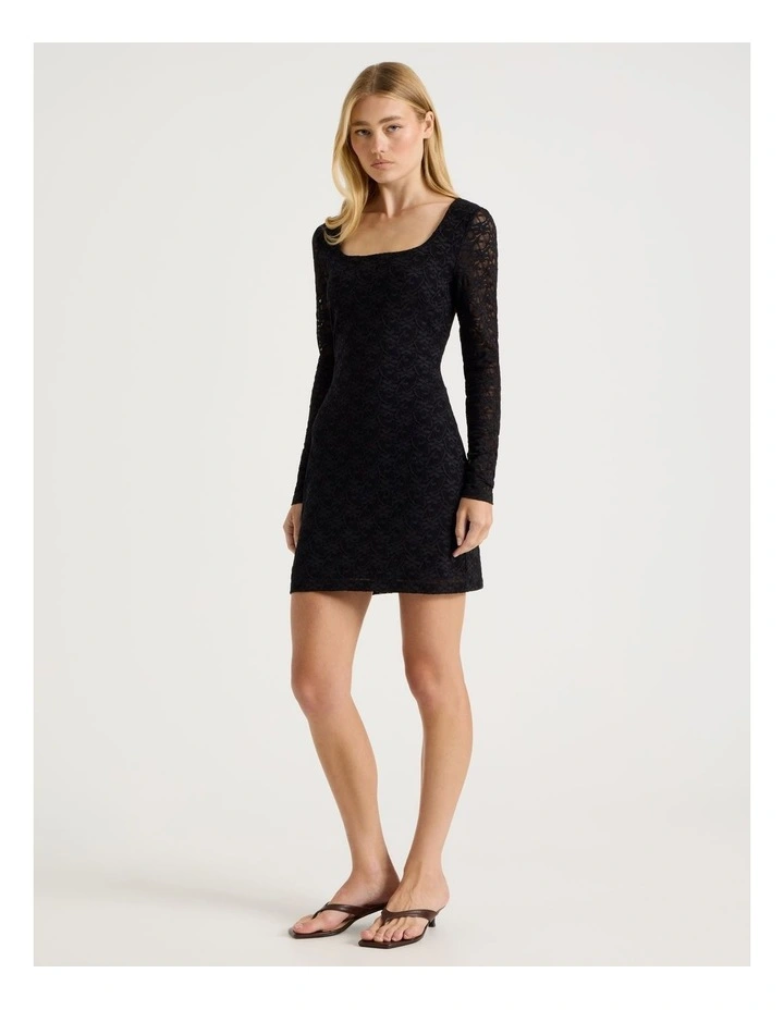 Long Sleeve Lace Mini Dress in Jet Black image 1