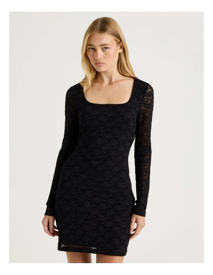 Long Sleeve Lace Mini Dress in Jet Black image 3