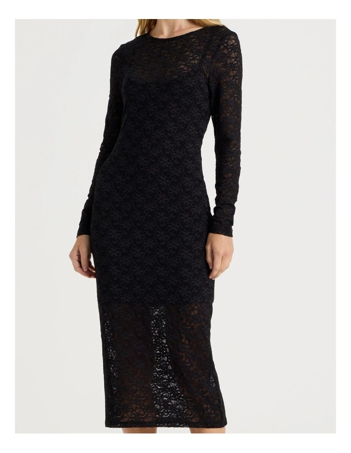 Long Sleeve Lace Midi Dress in Black image 5