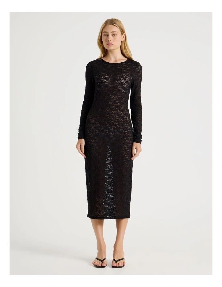 Long Sleeve Lace Midi Dress in Black image 6