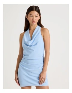 Halter Neck Mini Dress in Chambray Blue