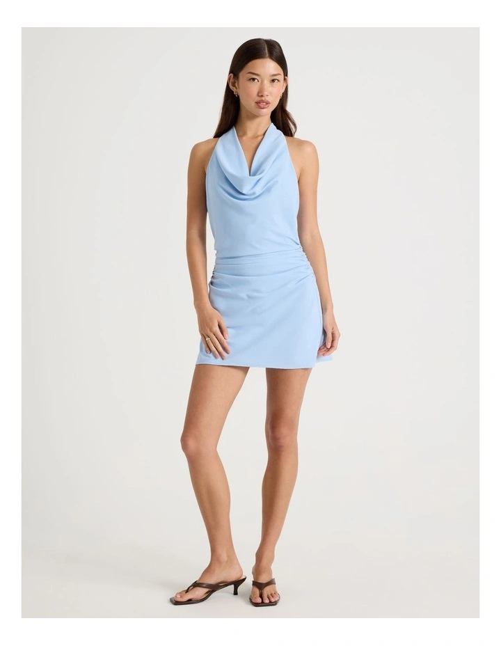 Halter Neck Mini Dress in Chambray Blue image 2