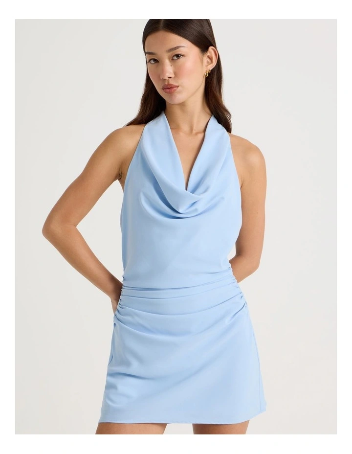 Halter Neck Mini Dress in Chambray Blue image 3