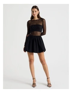 Diamonte Mesh Mini Dress in Black
