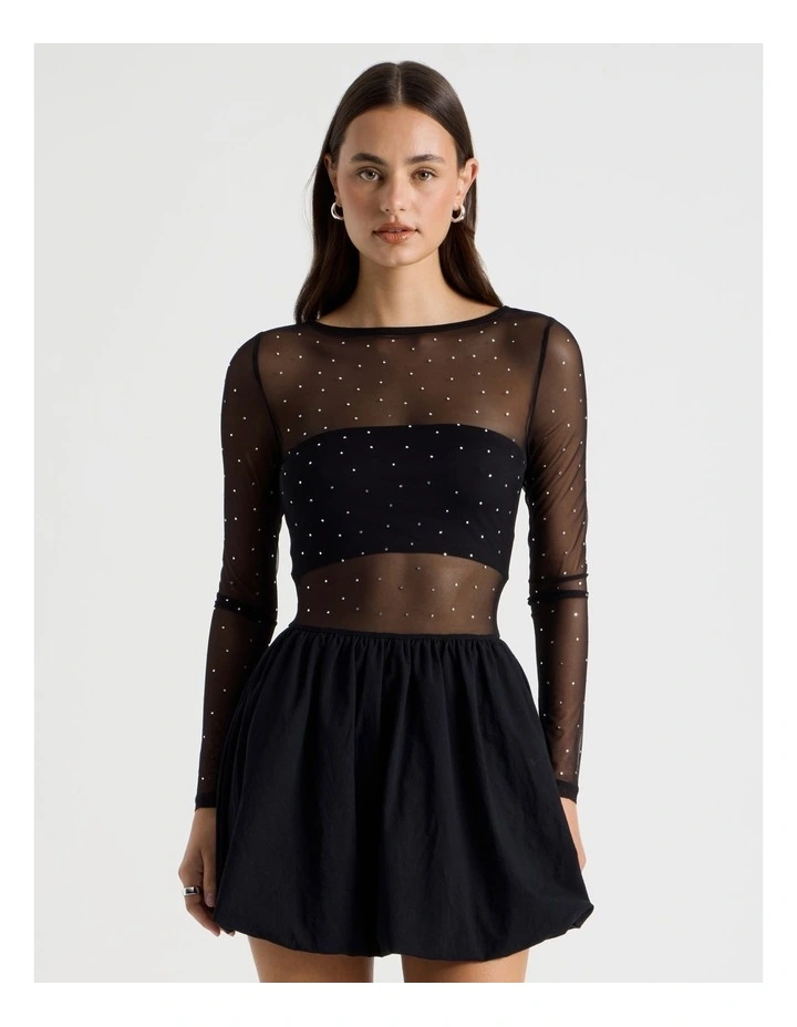 Diamonte Mesh Mini Dress in Black image 2