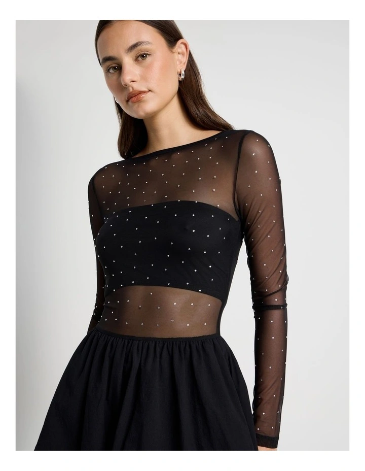 Diamonte Mesh Mini Dress in Black image 3