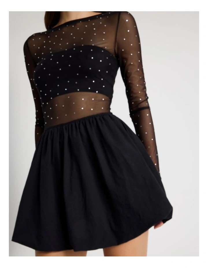 Diamonte Mesh Mini Dress in Black image 4