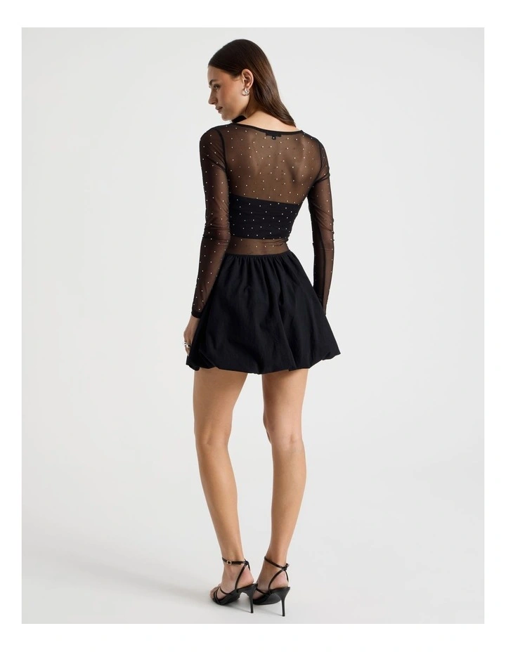 Diamonte Mesh Mini Dress in Black image 5