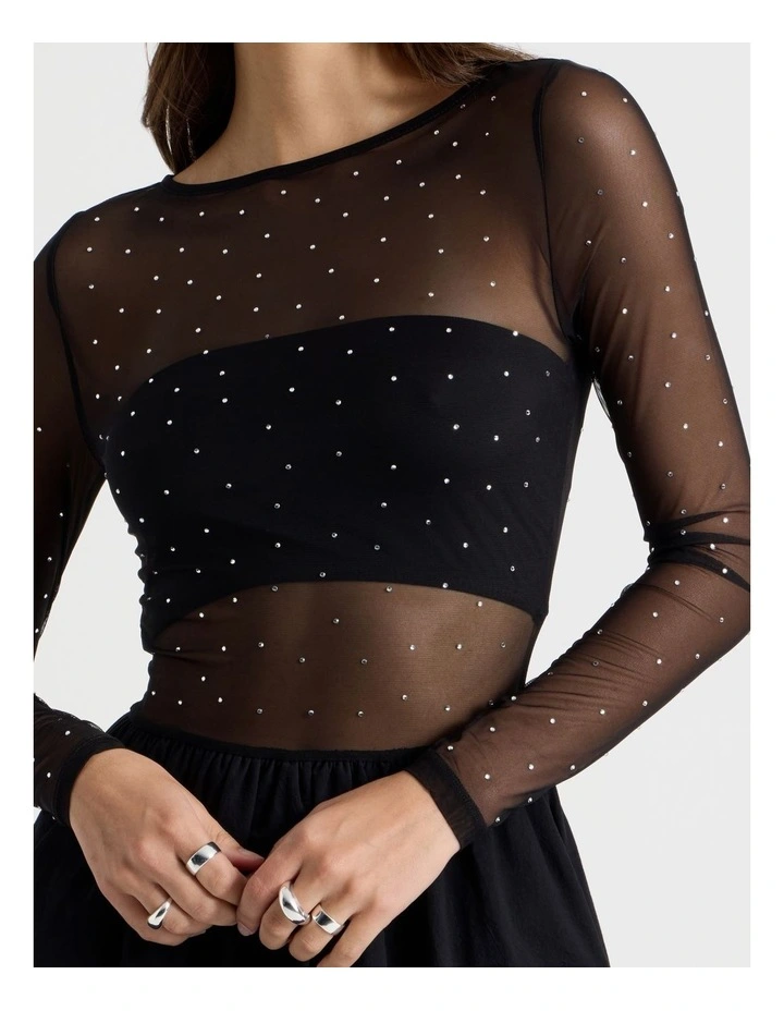 Diamonte Mesh Mini Dress in Black image 6