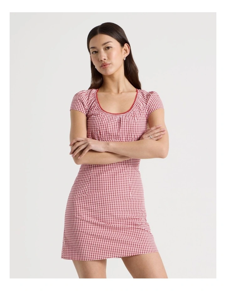 Puff Sleeve Mini Dress in Red Check image 3