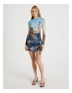 Printed Long Sleeve Mesh Dress