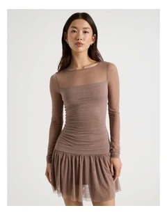 Long Sleeve Mesh Mini Dress in Deep Taupe
