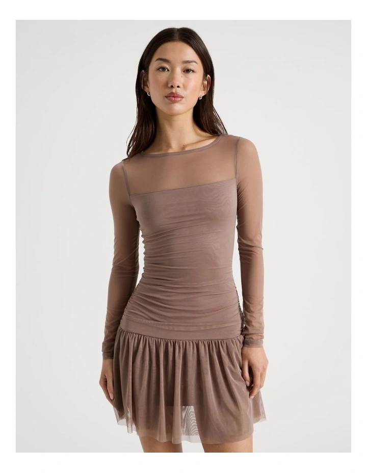 Long Sleeve Mesh Mini Dress in Deep Taupe image 1