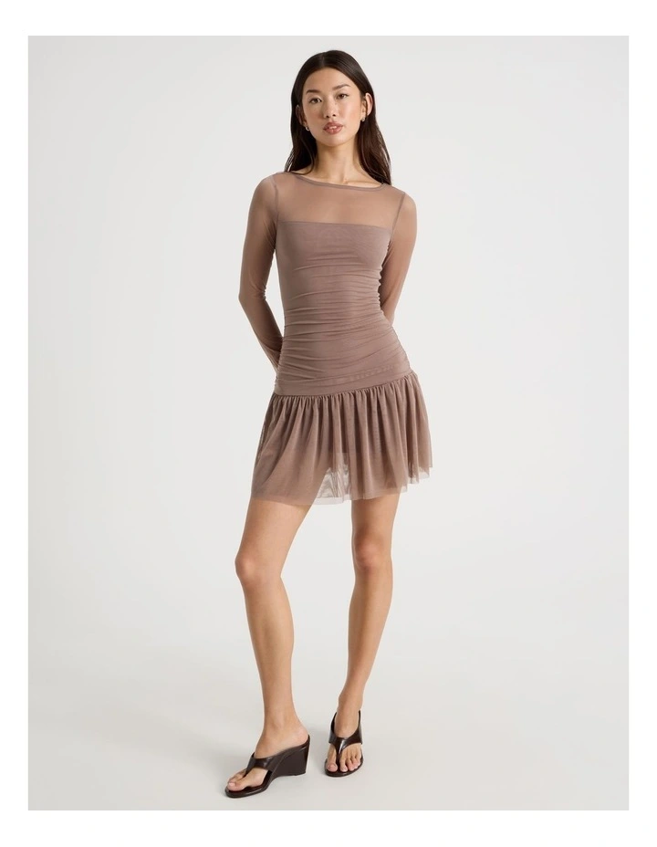 Long Sleeve Mesh Mini Dress in Deep Taupe image 2