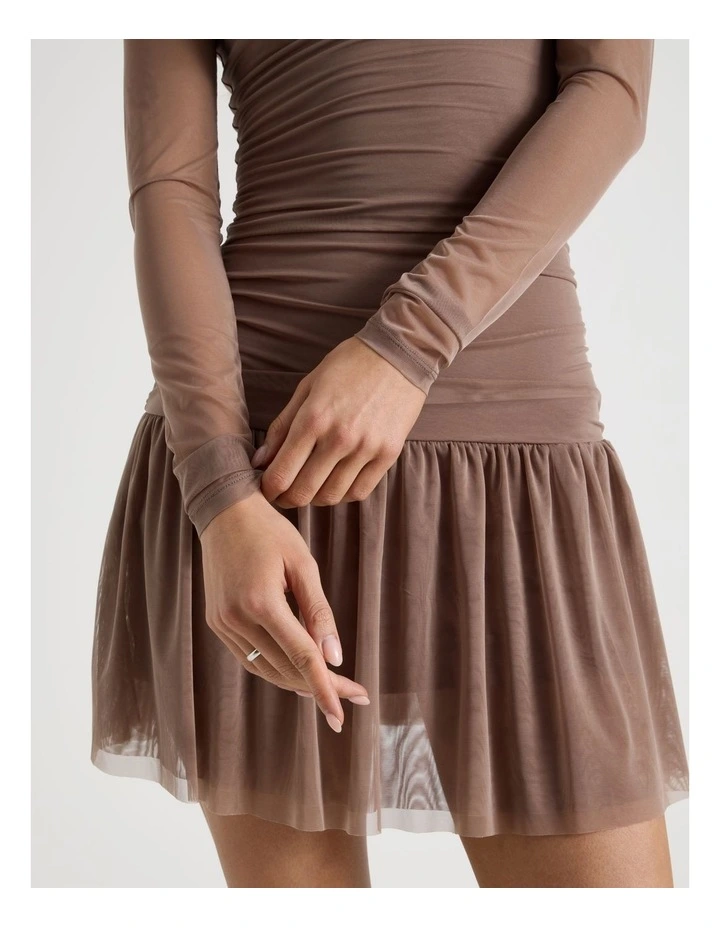 Long Sleeve Mesh Mini Dress in Deep Taupe image 3