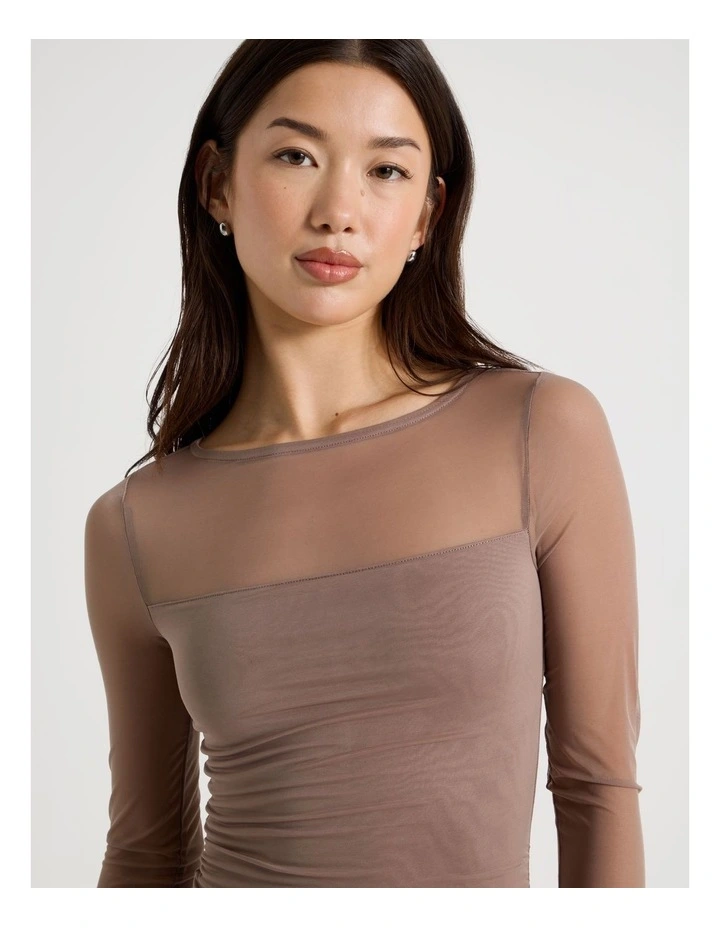 Long Sleeve Mesh Mini Dress in Deep Taupe image 4