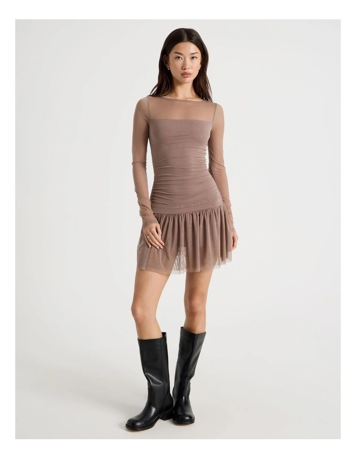 Long Sleeve Mesh Mini Dress in Deep Taupe image 5