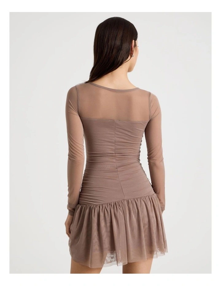 Long Sleeve Mesh Mini Dress in Deep Taupe image 6