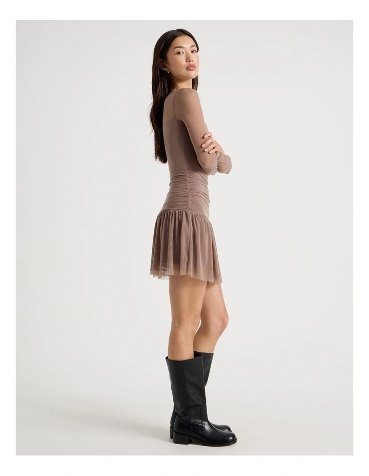 Long Sleeve Mesh Mini Dress in Deep Taupe image 7