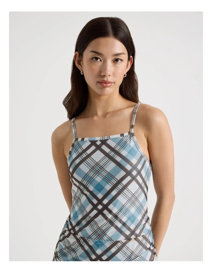 Singlet Mesh Dress in Blue and Chocolate Check image 4