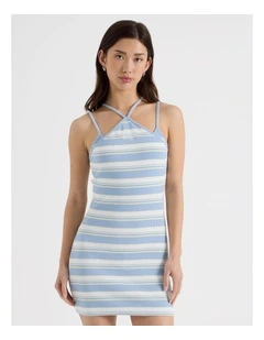 Rib Halter Mini Dress in Chambray and Pale Yellow Stripe