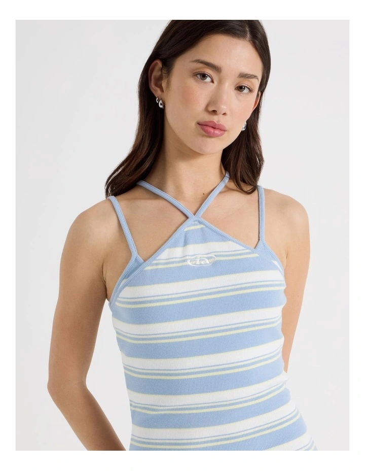Rib Halter Mini Dress in Chambray and Pale Yellow Stripe image 3