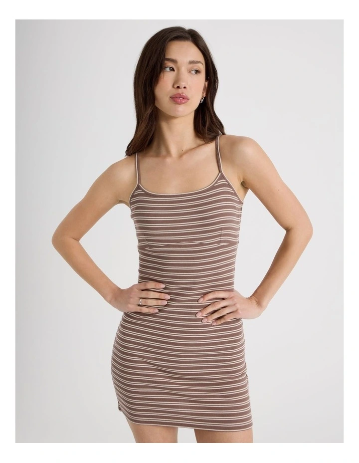 Rib Singlet Dress in Brown and Cream Stripe image 2