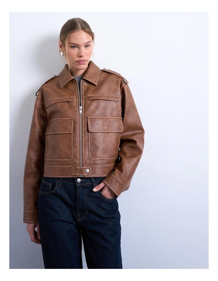 Madison Zipper Coated Jacket in Brown image 3