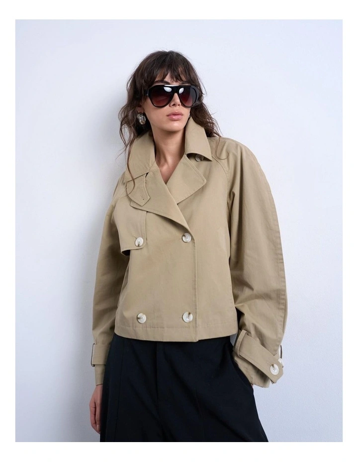 Mia Short Cotton Trenchcoat in Beige image 3