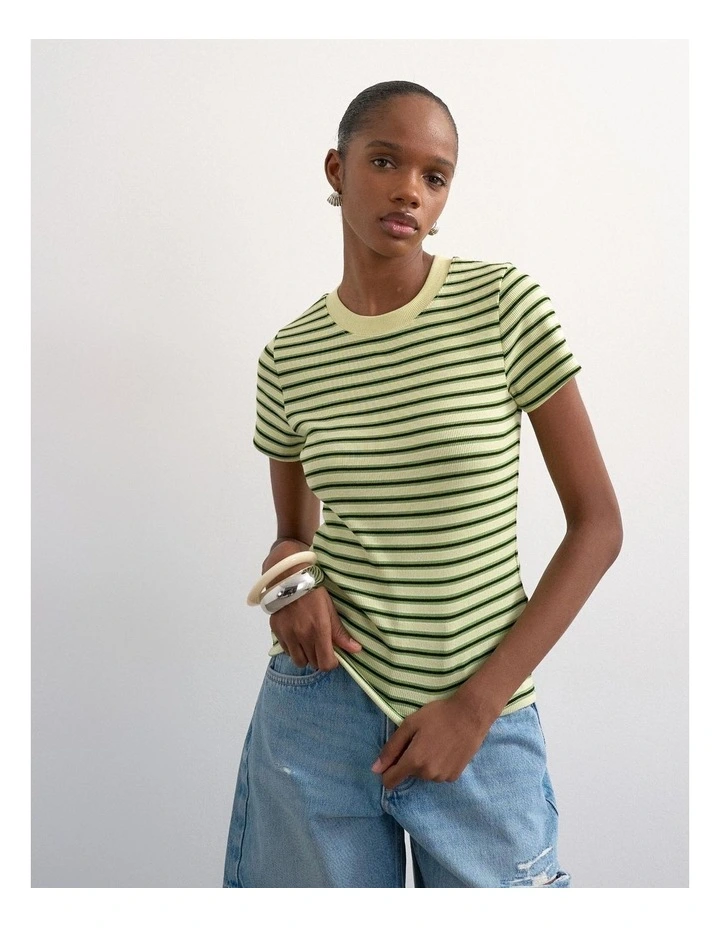 Sally Stripe Rib Short Tee in Green image 1