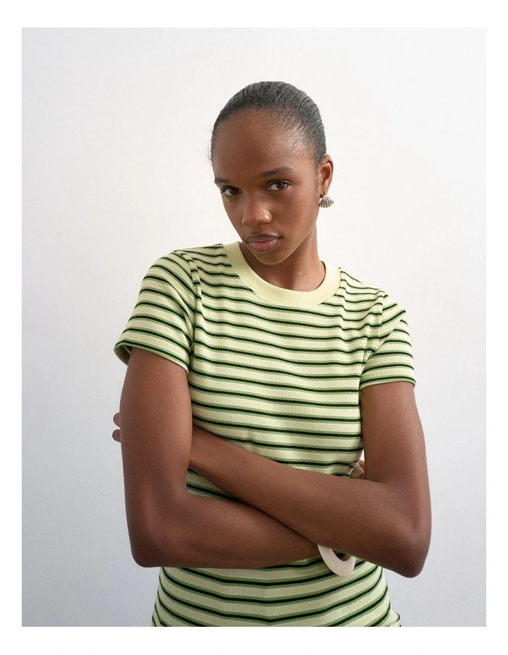 Sally Stripe Rib Short Tee in Green image 2
