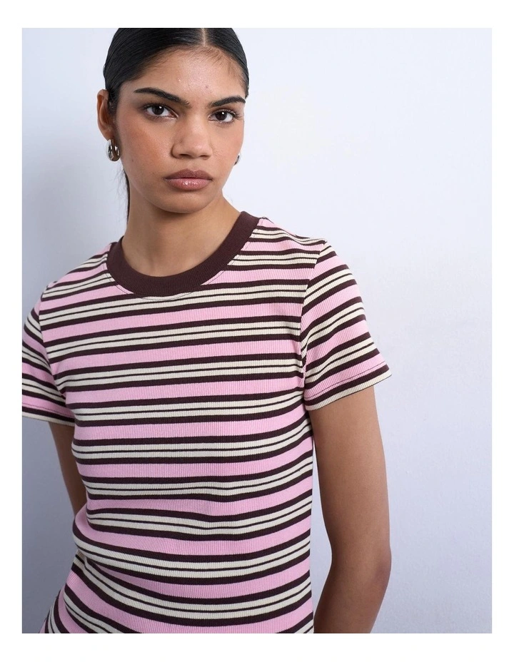 Sally Stripe Rib Short T-shirt in Pink image 2