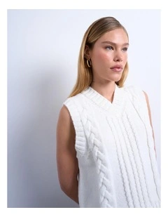 Marge Cable V-neck Polo Pullover in Ivory