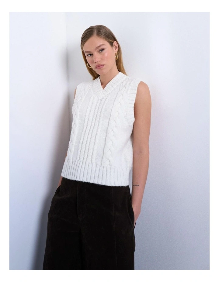 Marge Cable V-neck Polo Pullover in Ivory image 4