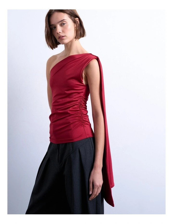 Katy One Shoulder Cape Top in Red image 2