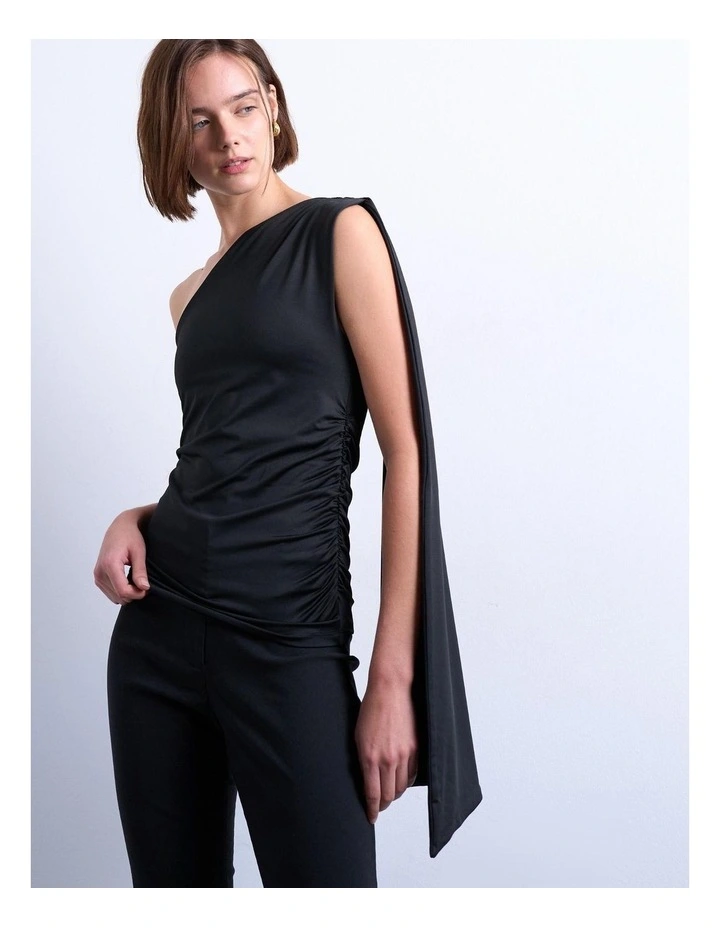 Katy One Shoulder Cape Top in Black image 2